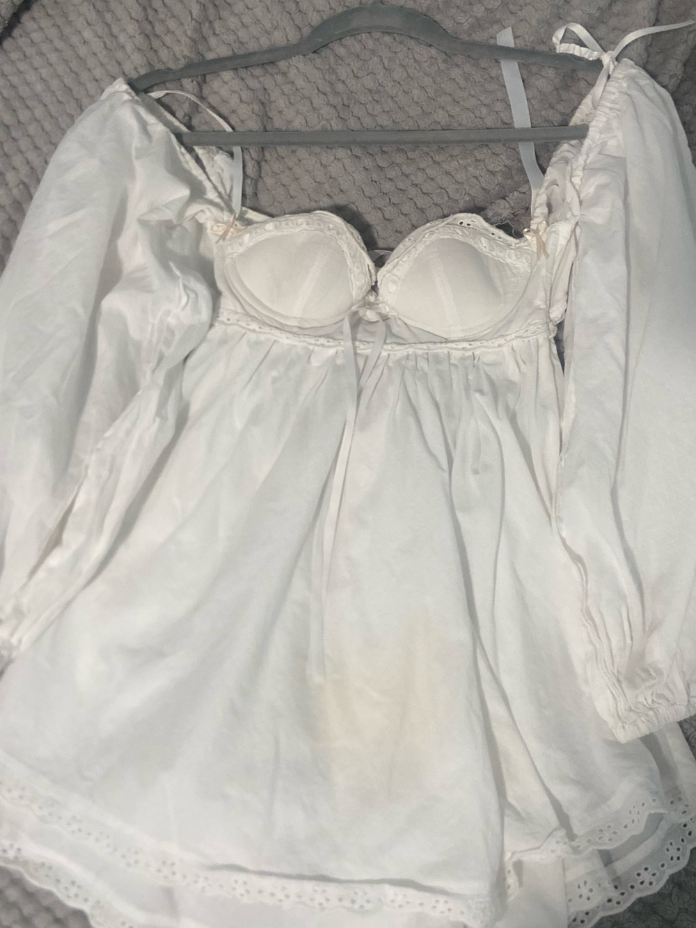 White Lace-Trim Mini Dress with Puff Sleeves - Women